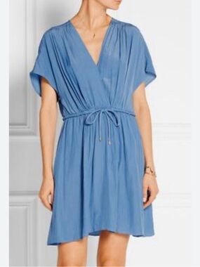 Maje Satin V-Neck Drawstring Waist Mini Dress in Light Blue